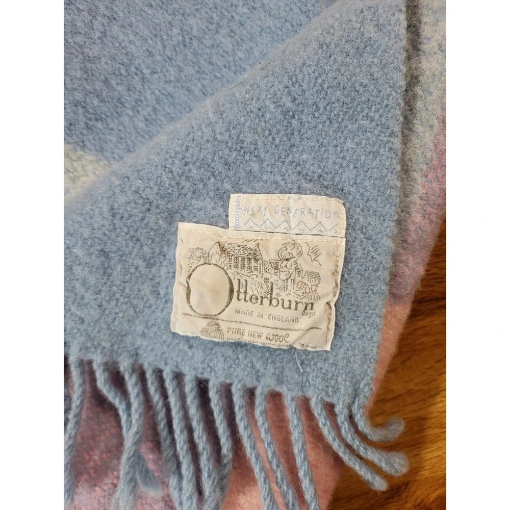 Otterburn Mill Pram Blanket - 1960s - 100% Pure New Wool - Tartan Blue Pink